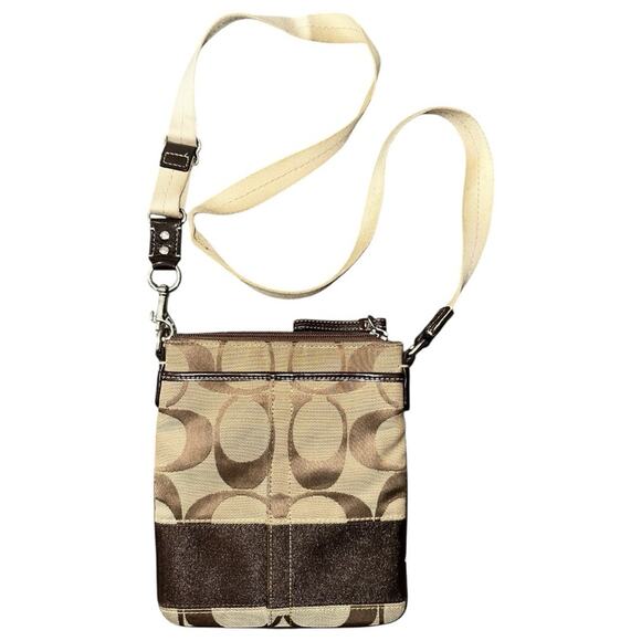 Coach Brown Beige Tan Monogram Kitt Swing Pack Shoulder Crossbody Messenger Bag - Picture 1 of 4